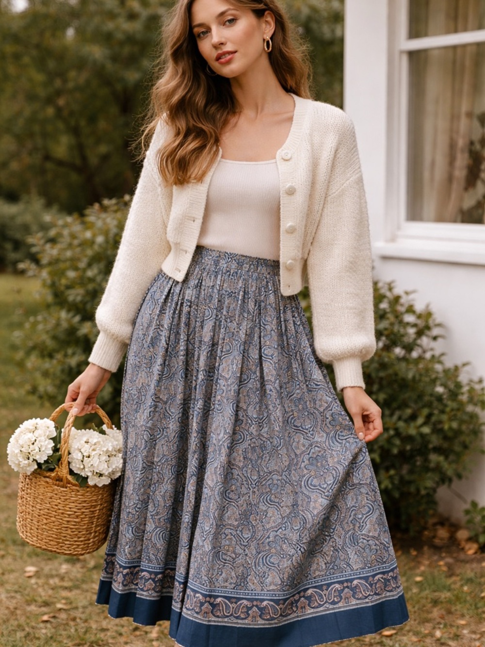 Leslie Fay Blue Paisley Pleated Midi Skirt Size 12 Coastal Grandma Cottagecore